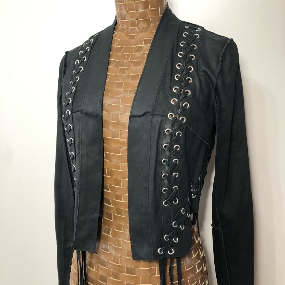 Ecote Lace Up Grommet Suede Cropped Open Front Jacket